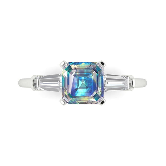 1.62 cttw Blue Moissanite Three-Stone Engagement Ring - Solid White Gold (VVS1, Square Emerald Cut,6.5X6.5mm)