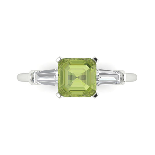 1.62 cttw Natural Peridot Three-Stone Engagement Ring - Solid White Gold (VVS1, Square Emerald Cut,6.5X6.5mm)