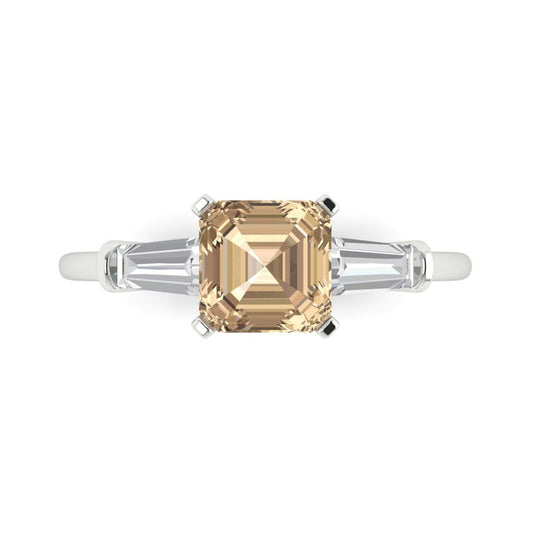 1.62 cttw Yellow Moissanite Three-Stone Engagement Ring - Solid White Gold (VVS1, Square Emerald Cut,6.5X6.5mm)