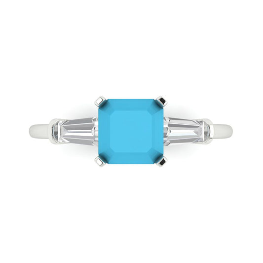 1.62 cttw Simulated Turquoise Three-Stone Engagement Ring - Solid White Gold (VVS1, Square Emerald Cut,6.5X6.5mm)