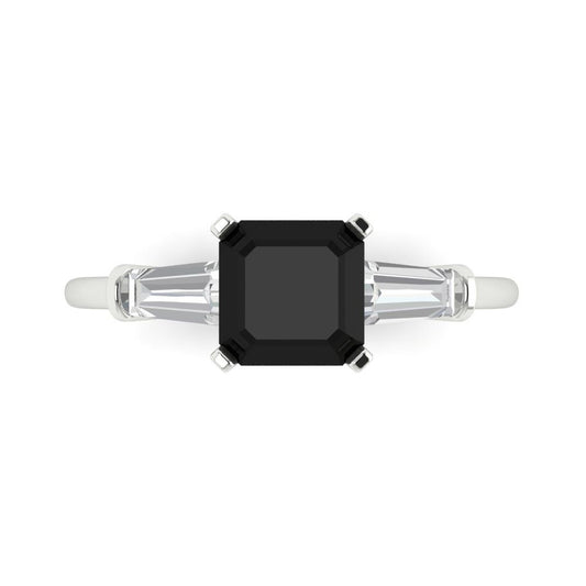 1.62 cttw Natural Onyx Three-Stone Engagement Ring - Solid White Gold (VVS1, Square Emerald Cut,6.5X6.5mm)