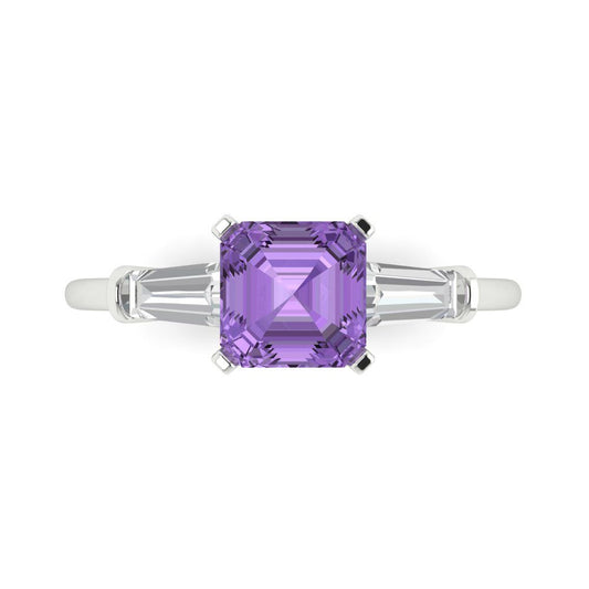1.62 cttw Simulated Alexandrite Three-Stone Engagement Ring - Solid White Gold (VVS1, Square Emerald Cut,6.5X6.5mm)