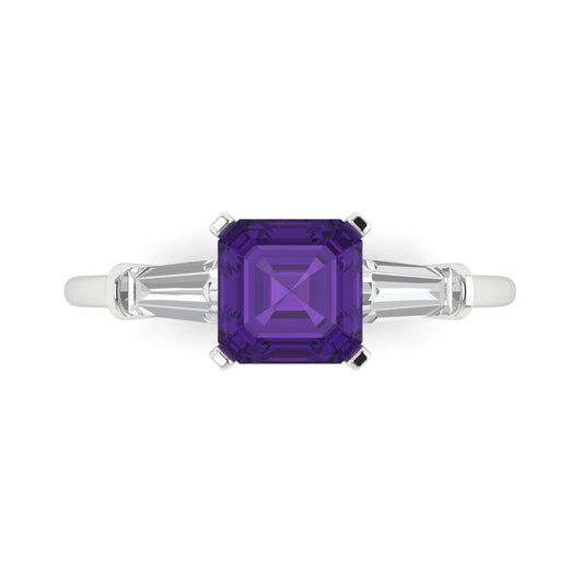 1.62 cttw Natural Amethyst Three-Stone Engagement Ring - Solid White Gold (VVS1, Square Emerald Cut,6.5X6.5mm)