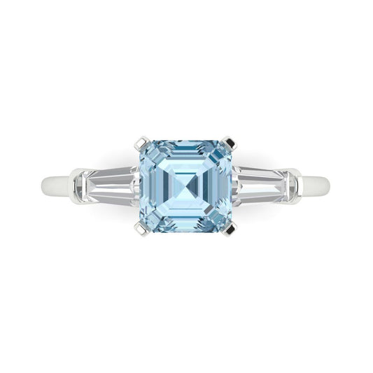 1.62 cttw Natural Aquamarine Three-Stone Engagement Ring - Solid White Gold (VVS1, Square Emerald Cut,6.5X6.5mm)
