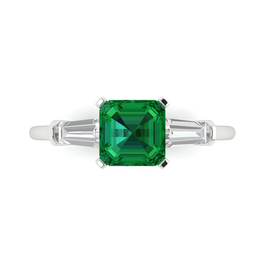 1.62 cttw Simulated Emerald Three-Stone Engagement Ring - Solid White Gold (VVS1, Square Emerald Cut,6.5X6.5mm)