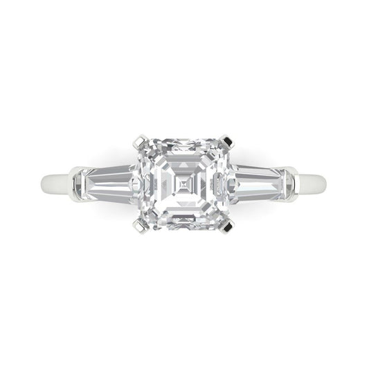1.62 cttw White Sapphire Three-Stone Engagement Ring - Solid White Gold (VVS1, Square Emerald Cut,6.5X6.5mm)