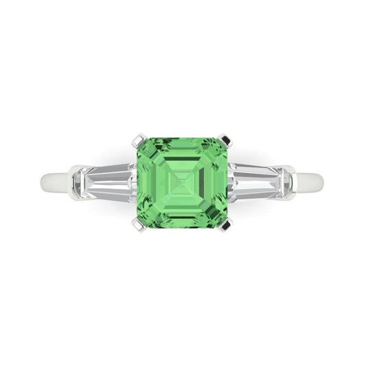 1.62 cttw Zirconia Simulated Green Diamond Three-Stone Engagement Ring - Solid White Gold (VVS1, Square Emerald Cut,6.5X6.5mm)