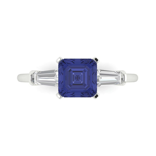 1.62 cttw Simulated Tanzanite Three-Stone Engagement Ring - Solid White Gold (VVS1, Square Emerald Cut,6.5X6.5mm)
