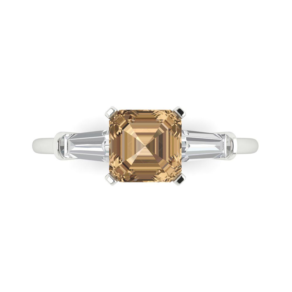 1.62 cttw Zirconia Simulated Champagne Diamond Three-Stone Engagement Ring - Solid Gold (VVS1, Square Emerald Cut,6.5X6.5mm)