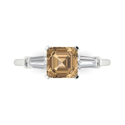 1.62 cttw Zirconia Simulated Champagne Diamond Three-Stone Engagement Ring - Solid Gold (VVS1, Square Emerald Cut,6.5X6.5mm)