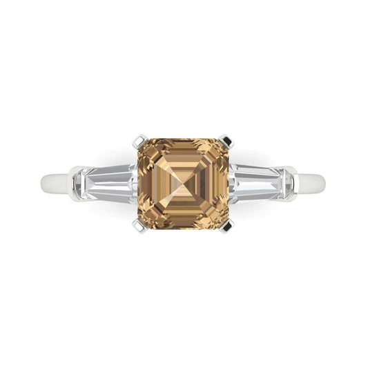 1.62 cttw Zirconia Simulated Champagne Diamond Three-Stone Engagement Ring - Solid White Gold (VVS1, Square Emerald Cut,6.5X6.5mm)