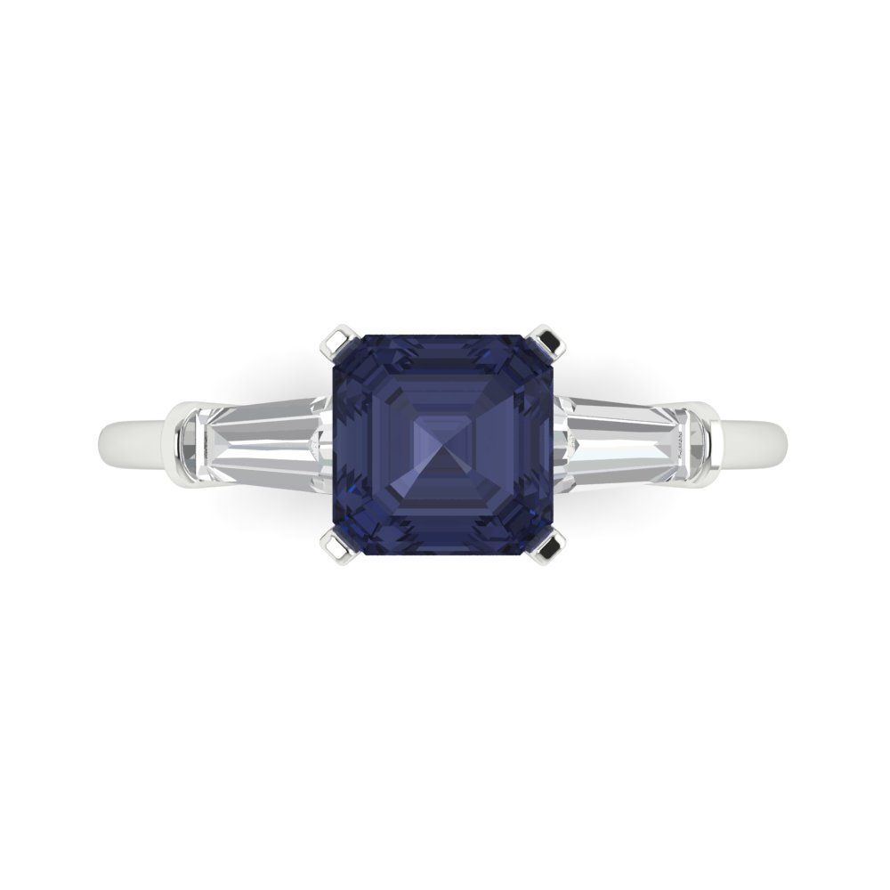 1.62 cttw Simulated Blue Sapphire Three-Stone Engagement Ring - Solid Gold (Square Emerald Cut,6.5X6.5mm)