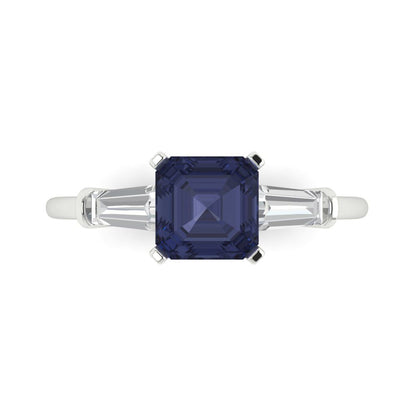 1.62 cttw Simulated Blue Sapphire Three-Stone Engagement Ring - Solid Gold (Square Emerald Cut,6.5X6.5mm)