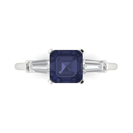 1.62 cttw Simulated Blue Sapphire Three-Stone Engagement Ring - Solid White Gold (VVS1, Square Emerald Cut,6.5X6.5mm)