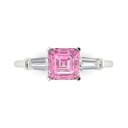 1.62 cttw Zirconia Simulated Pink Diamond Three-Stone Engagement Ring - Solid White Gold (VVS1, Square Emerald Cut,6.5X6.5mm)