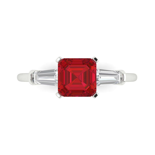 1.62 cttw Simulated Ruby Three-Stone Engagement Ring - Solid White Gold (VVS1, Square Emerald Cut,6.5X6.5mm)