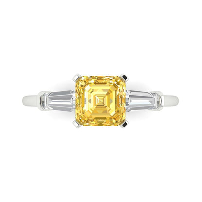 1.62 cttw Zirconia Simulated Yellow Diamond Three-Stone Engagement Ring - Solid Gold (VVS1, Square Emerald Cut,6.5X6.5mm)