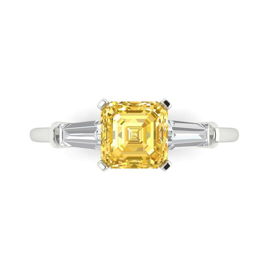 1.62 cttw Zirconia Simulated Yellow Diamond Three-Stone Engagement Ring - Solid White Gold (VVS1, Square Emerald Cut,6.5X6.5mm)