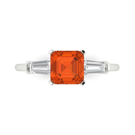 1.62 cttw Zirconia Simulated Red Diamond Three-Stone Engagement Ring - Solid White Gold (VVS1, Square Emerald Cut,6.5X6.5mm)