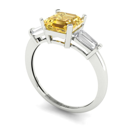 1.62 cttw Yellow Moissanite Three-Stone Engagement Ring - Solid Gold (Square Emerald Cut,6.5X6.5mm)
