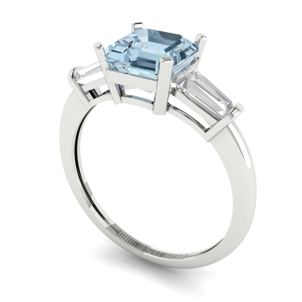 1.62 cttw Zirconia Simulated Blue Diamond Three-Stone Engagement Ring - Solid Gold (VVS1, Square Emerald Cut,6.5X6.5mm)
