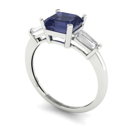 1.62 cttw Simulated Blue Sapphire Three-Stone Engagement Ring - Solid Gold (Square Emerald Cut,6.5X6.5mm)