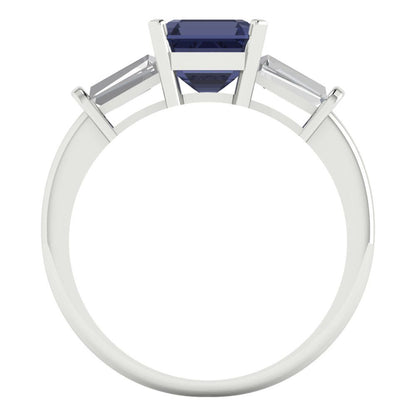 1.62 cttw Simulated Blue Sapphire Three-Stone Engagement Ring - Solid Gold (Square Emerald Cut,6.5X6.5mm)