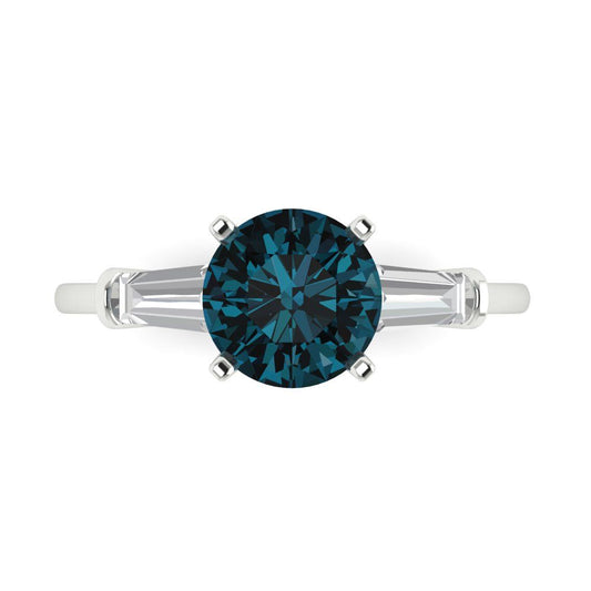 2 cttw Natural London Blue Topaz Three-Stone Engagement Ring - Solid White Gold (VVS1, Round Cut,7.5mm)