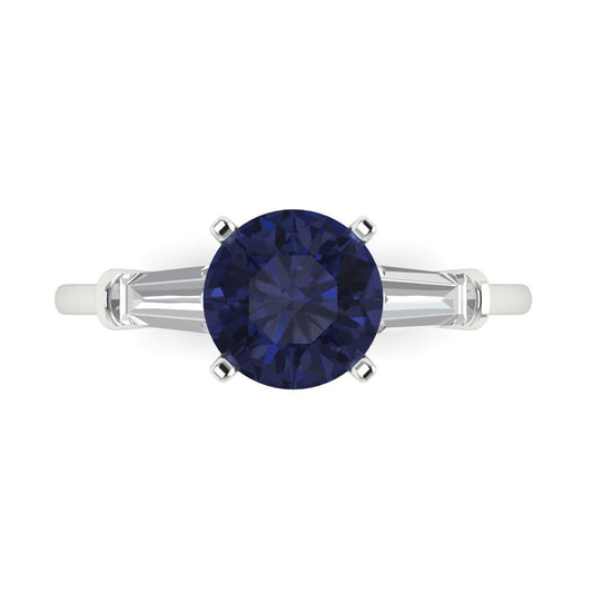 2 cttw Simulated Blue Sapphire Three-Stone Engagement Ring - Solid White Gold (VVS1, Round Cut,7.5mm)