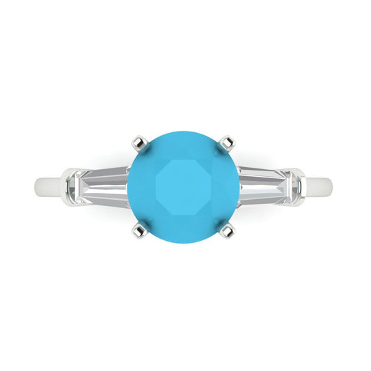 2 cttw Simulated Turquoise Three-Stone Engagement Ring - Solid White Gold (VVS1, Round Cut,7.5mm)