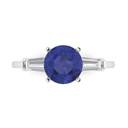 2 cttw Simulated Tanzanite Three-Stone Engagement Ring - Solid White Gold (VVS1, Round Cut,7.5mm)