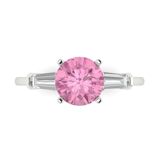 2 cttw Zirconia Simulated Pink Diamond Three-Stone Engagement Ring - Solid White Gold (VVS1, Round Cut,7.5mm)