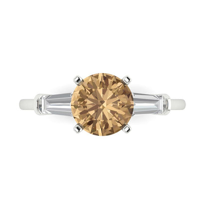 2 cttw Zirconia Simulated Champagne Diamond Three-Stone Engagement Ring - Solid Gold (VVS1, Round Cut,7.5mm)