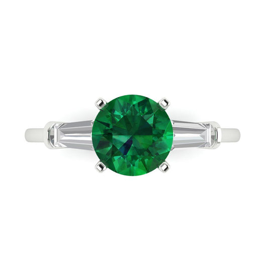 2 cttw Simulated Emerald Three-Stone Engagement Ring - Solid White Gold (VVS1, Round Cut,7.5mm)