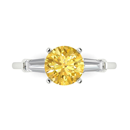 2 cttw Zirconia Simulated Yellow Diamond Three-Stone Engagement Ring - Solid White Gold (VVS1, Round Cut,7.5mm)