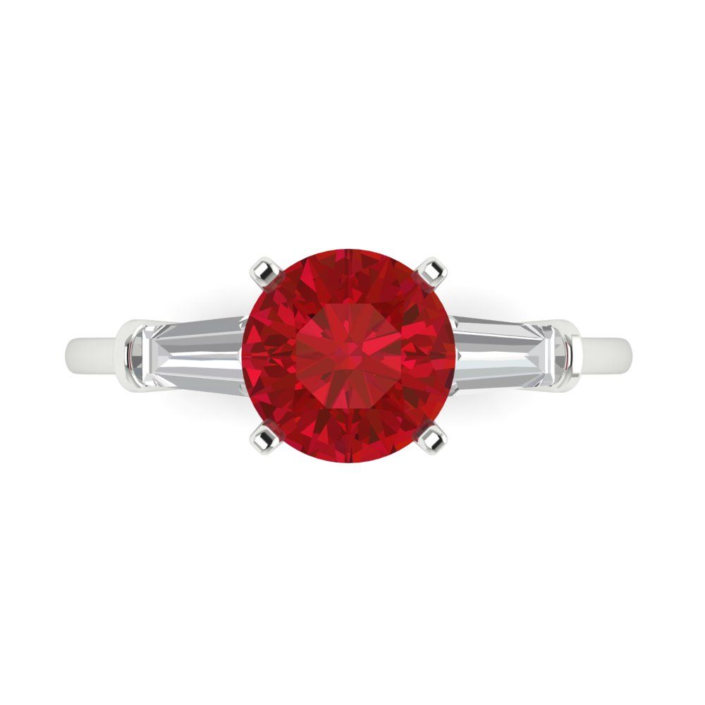2 cttw Simulated Ruby Three-Stone Engagement Ring - Solid White Gold (VVS1, Round Cut,7.5mm)