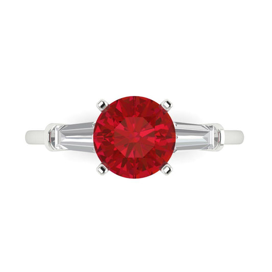 2 cttw Simulated Ruby Three-Stone Engagement Ring - Solid White Gold (VVS1, Round Cut,7.5mm)