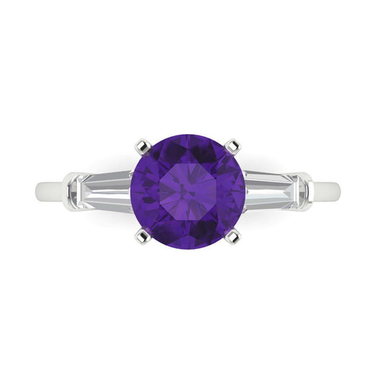 2 cttw Natural Amethyst Three-Stone Engagement Ring - Solid White Gold (VVS1, Round Cut,7.5mm)