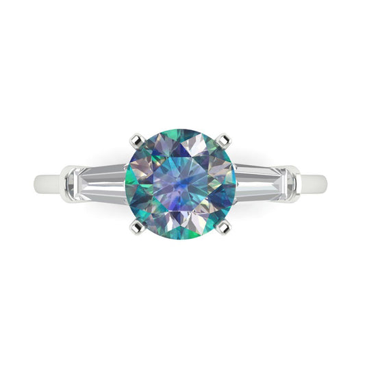 2 cttw Blue Moissanite Three-Stone Engagement Ring - Solid White Gold (VVS1, Round Cut,7.5mm)
