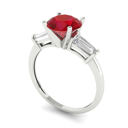 2 cttw Simulated Ruby Three-Stone Engagement Ring - Solid White Gold (VVS1, Round Cut,7.5mm)