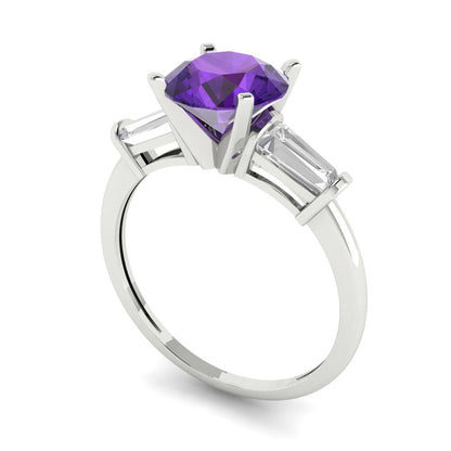 2 cttw Natural Amethyst Three-Stone Engagement Ring - Solid Gold (Round Cut,7.5mm)