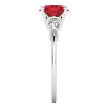 2 cttw Simulated Ruby Three-Stone Engagement Ring - Solid White Gold (VVS1, Round Cut,7.5mm)