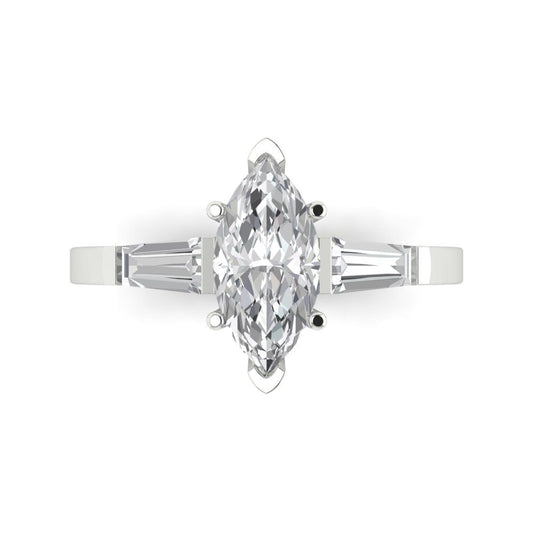 2 cttw White Sapphire Three-Stone Engagement Ring - Solid White Gold (VVS1, Marquise Cut,11x5.5mm)