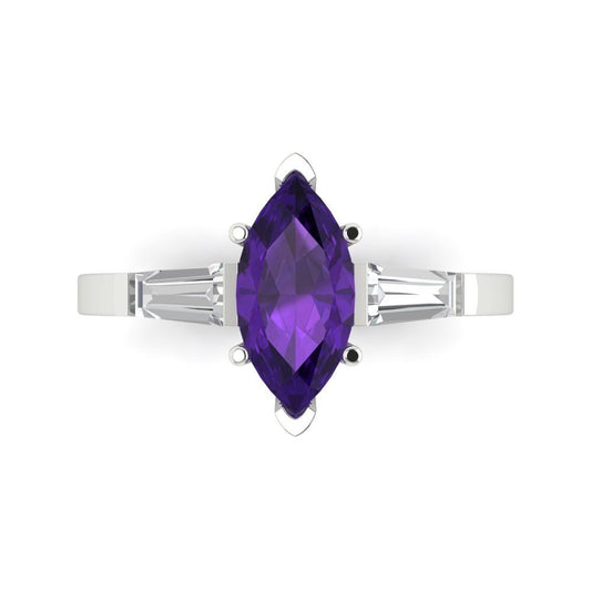2 cttw Natural Amethyst Three-Stone Engagement Ring - Solid White Gold (VVS1, Marquise Cut,11x5.5mm)