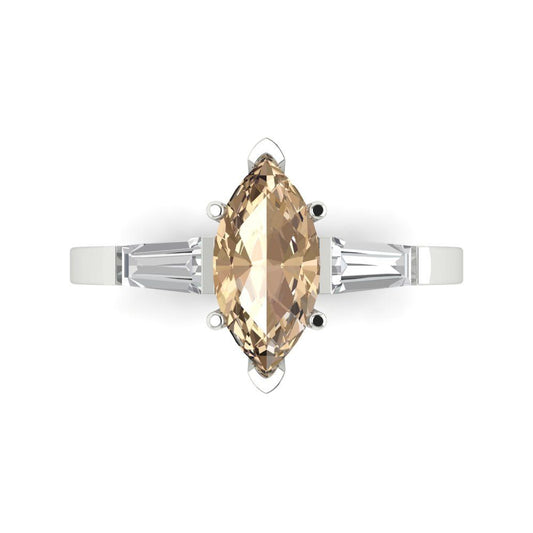 2 cttw Yellow Moissanite Three-Stone Engagement Ring - Solid White Gold (VVS1, Marquise Cut,11x5.5mm)