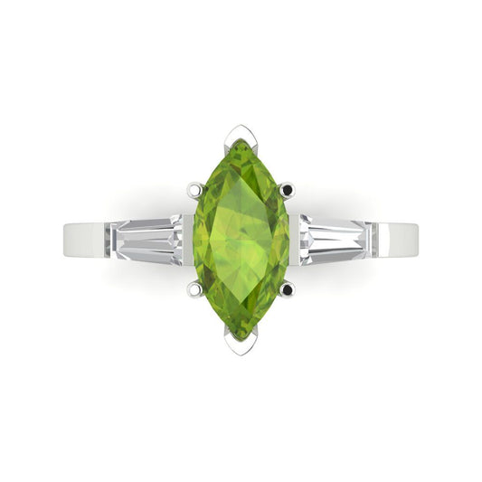 2 cttw Natural Peridot Three-Stone Engagement Ring - Solid White Gold (VVS1, Marquise Cut,11x5.5mm)