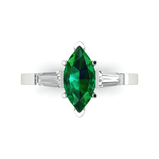 2 cttw Simulated Emerald Three-Stone Engagement Ring - Solid White Gold (VVS1, Marquise Cut,11x5.5mm)
