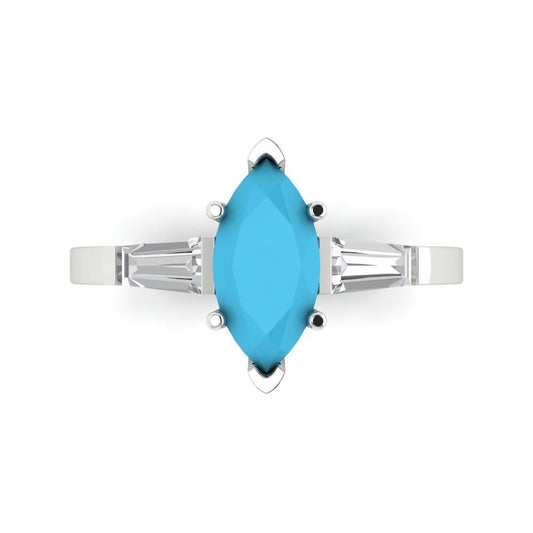 2 cttw Simulated Turquoise Three-Stone Engagement Ring - Solid White Gold (VVS1, Marquise Cut,11x5.5mm)