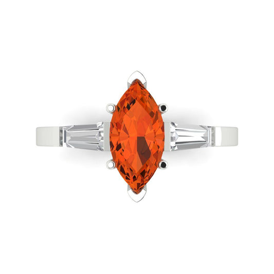 2 cttw Zirconia Simulated Red Diamond Three-Stone Engagement Ring - Solid White Gold (VVS1, Marquise Cut,11x5.5mm)