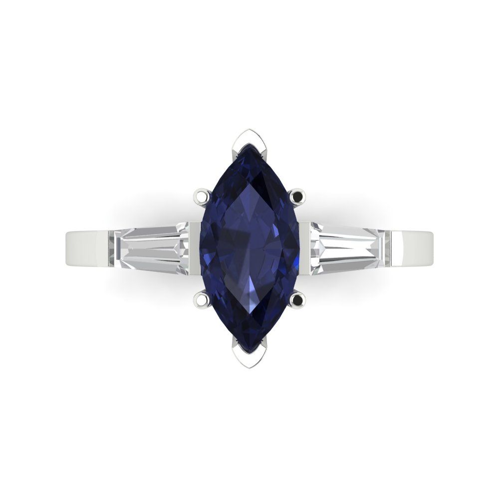 2 cttw Simulated Blue Sapphire Three-Stone Engagement Ring - Solid White Gold (VVS1, Marquise Cut,11x5.5mm)